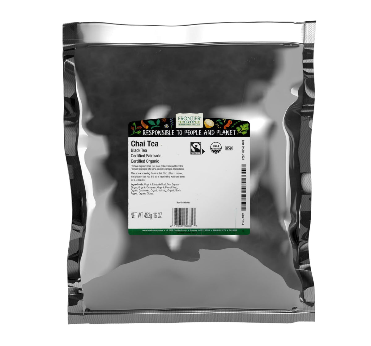 Frontier Co-op chai tea bag front view, ideal for a comforting spice-infused morning.
