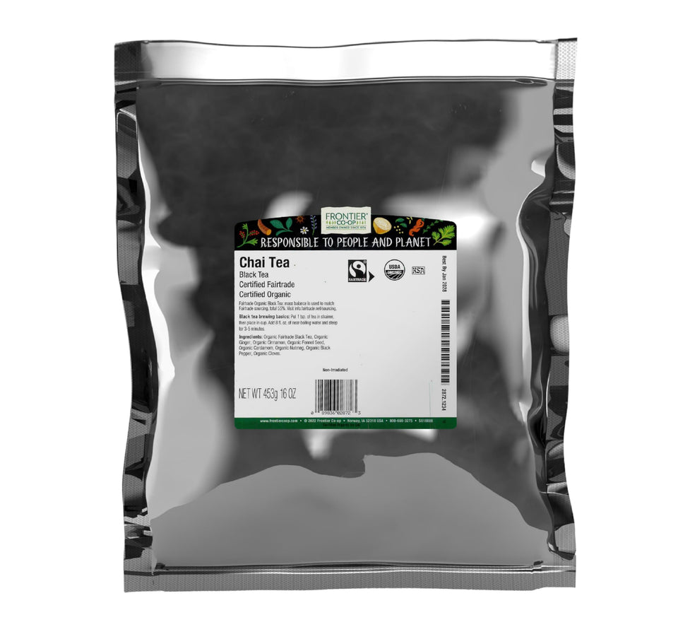 Frontier Co-op chai tea bag front view, ideal for a comforting spice-infused morning.