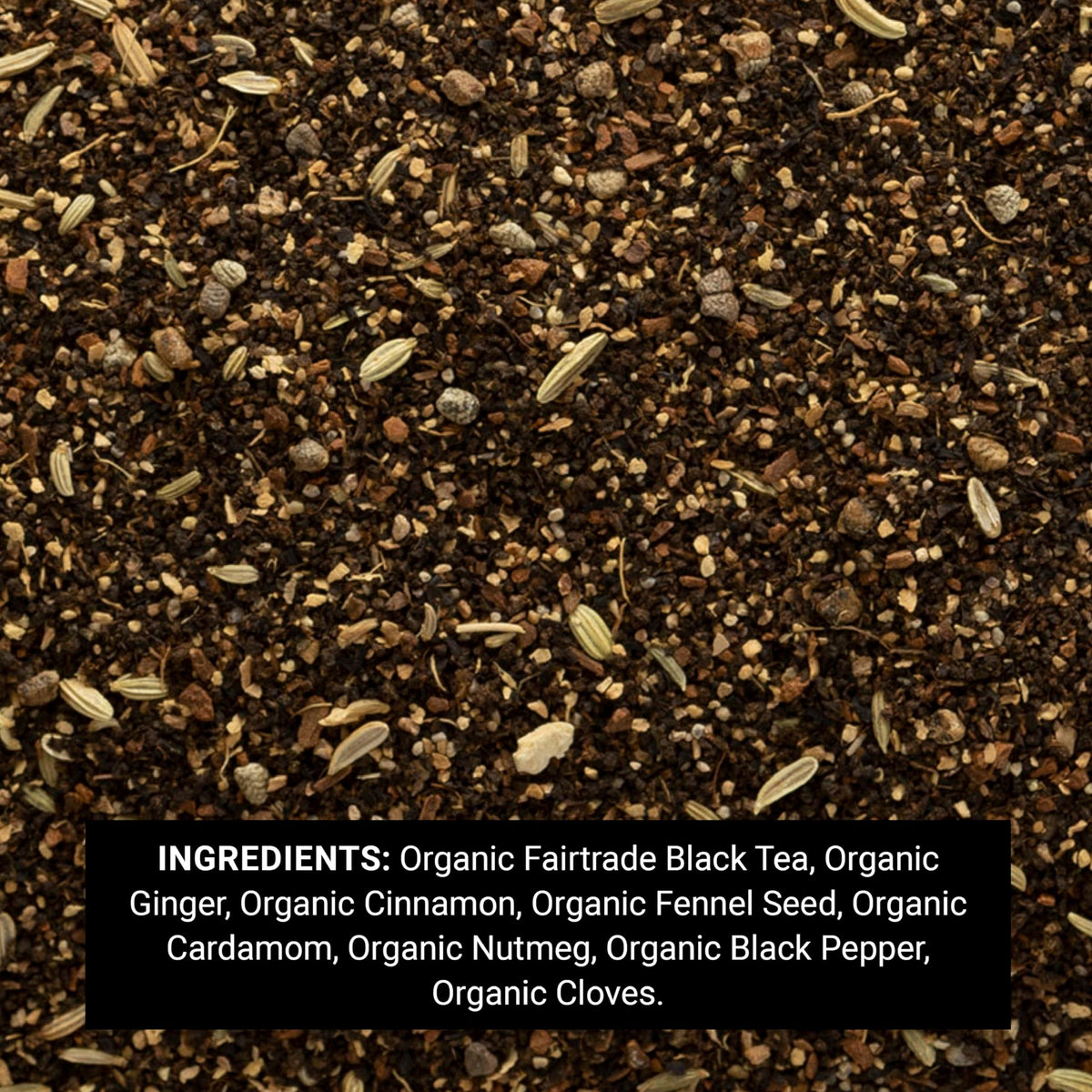 Frontier Co-op chai tea leaves close-up, highlighting cardamom and cinnamon aroma.