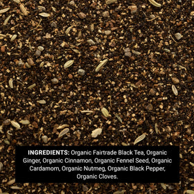 Frontier Co-op chai tea leaves close-up, highlighting cardamom and cinnamon aroma.