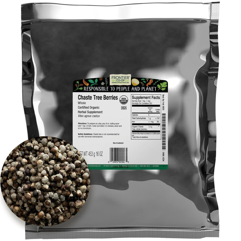 Frontier Co-op chaste tree berries, whole 16 oz, organic bulk packaging for eco shoppers