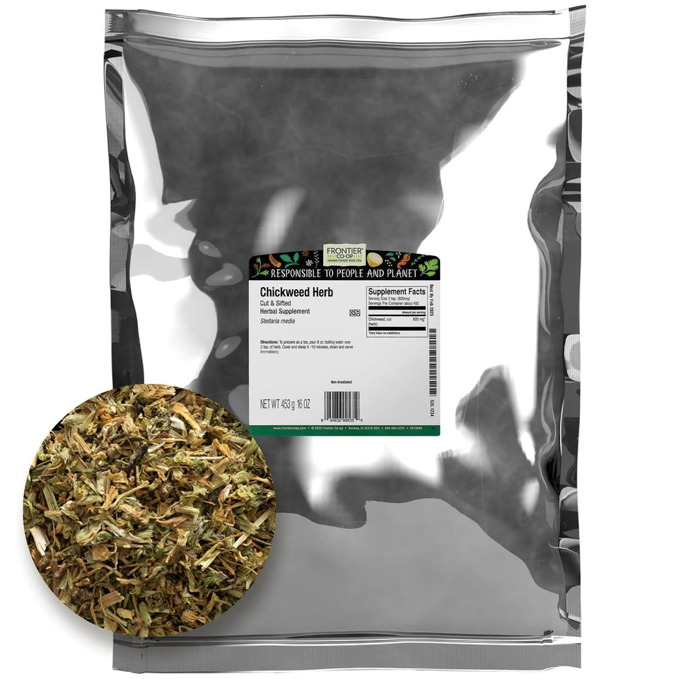 Frontier Co-op Chickweed herb cut and sifted in bulk bag for tea and cooking.