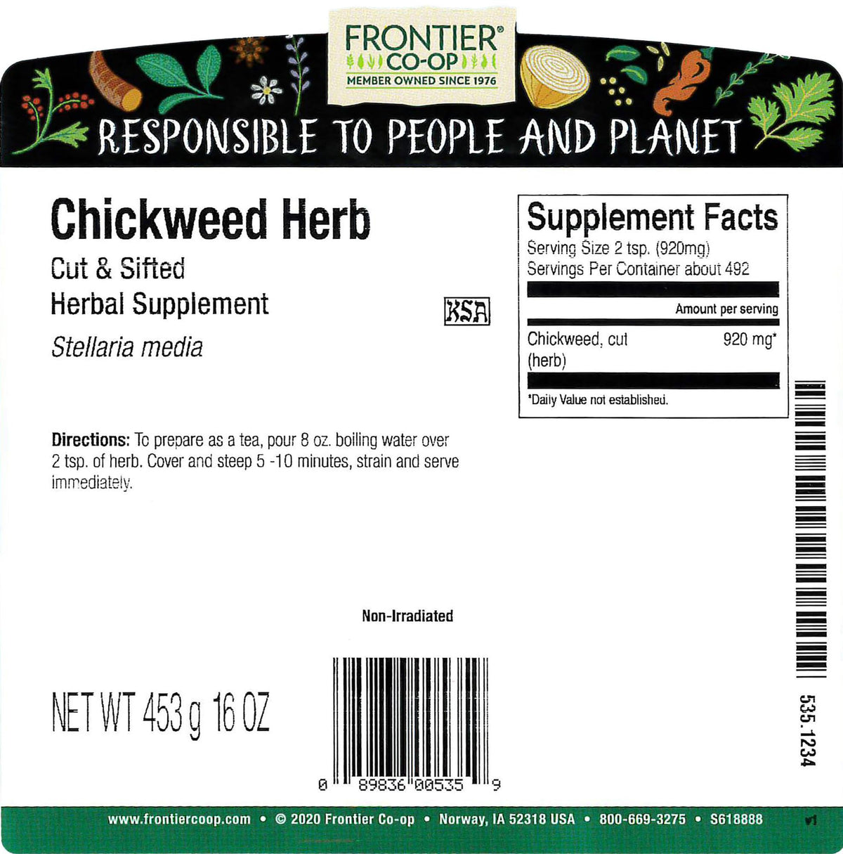 Frontier Co-op Chickweed tea-steeping scene for mild herbal infusion.
