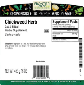 Frontier Co-op Chickweed tea-steeping scene for mild herbal infusion.
