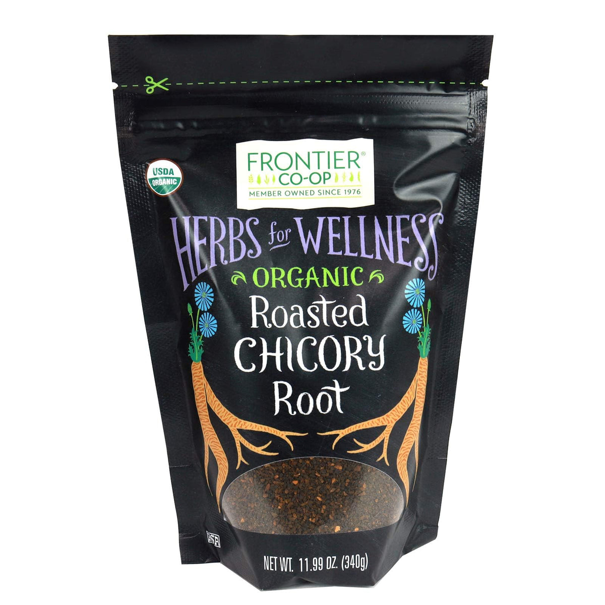 Frontier Co-op chicory root granules in resealable bag for caffeine-free coffee substitutes.