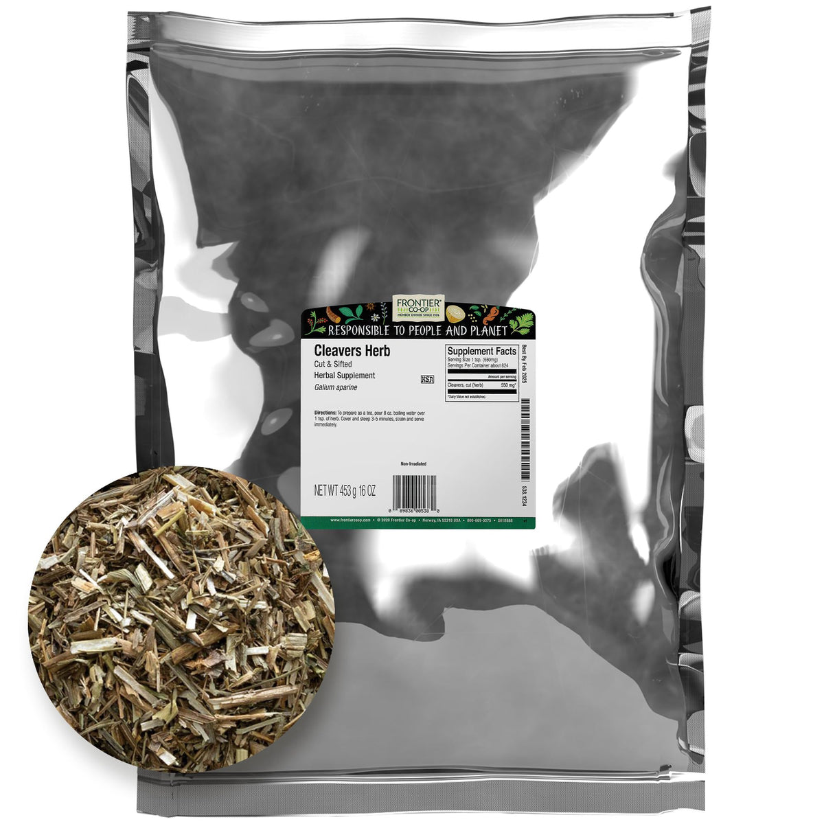 Frontier Co-op Cleavers herb cut and sifted, ideal for teas, tinctures, and skin care.