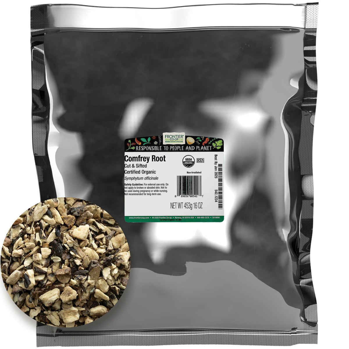 Frontier Co-op comfrey root cut and sifted in a bulk bag for herbal use.