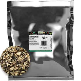 Frontier Co-op comfrey root cut and sifted in a bulk bag for herbal use.