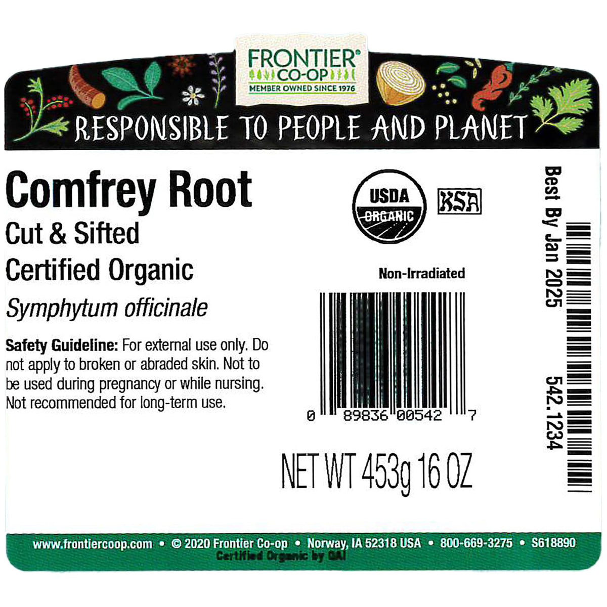 Frontier Co-op comfrey root organic bulk bag labeled for herbal prep.