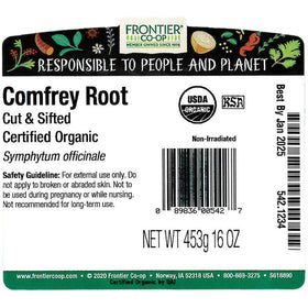 Frontier Co-op comfrey root organic bulk bag labeled for herbal prep.