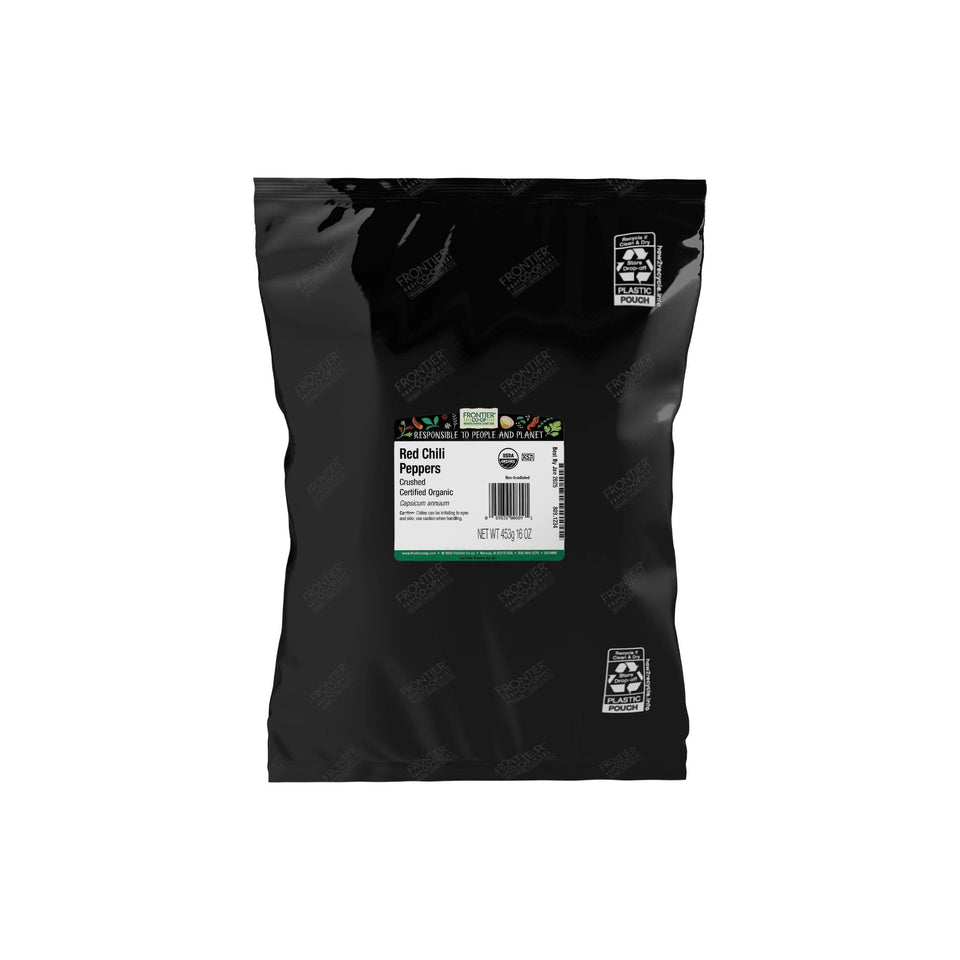 Frontier Co-op crushed red chili peppers in a 16oz bulk bag impart bold flavor.