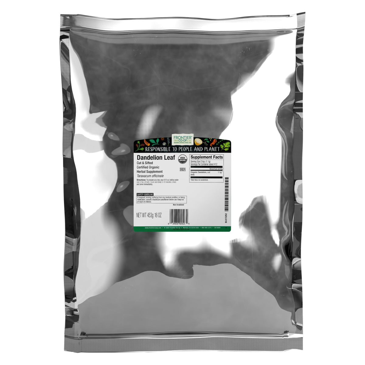 Frontier Co-op dandelion leaf bulk bag with fresh greens for tea.