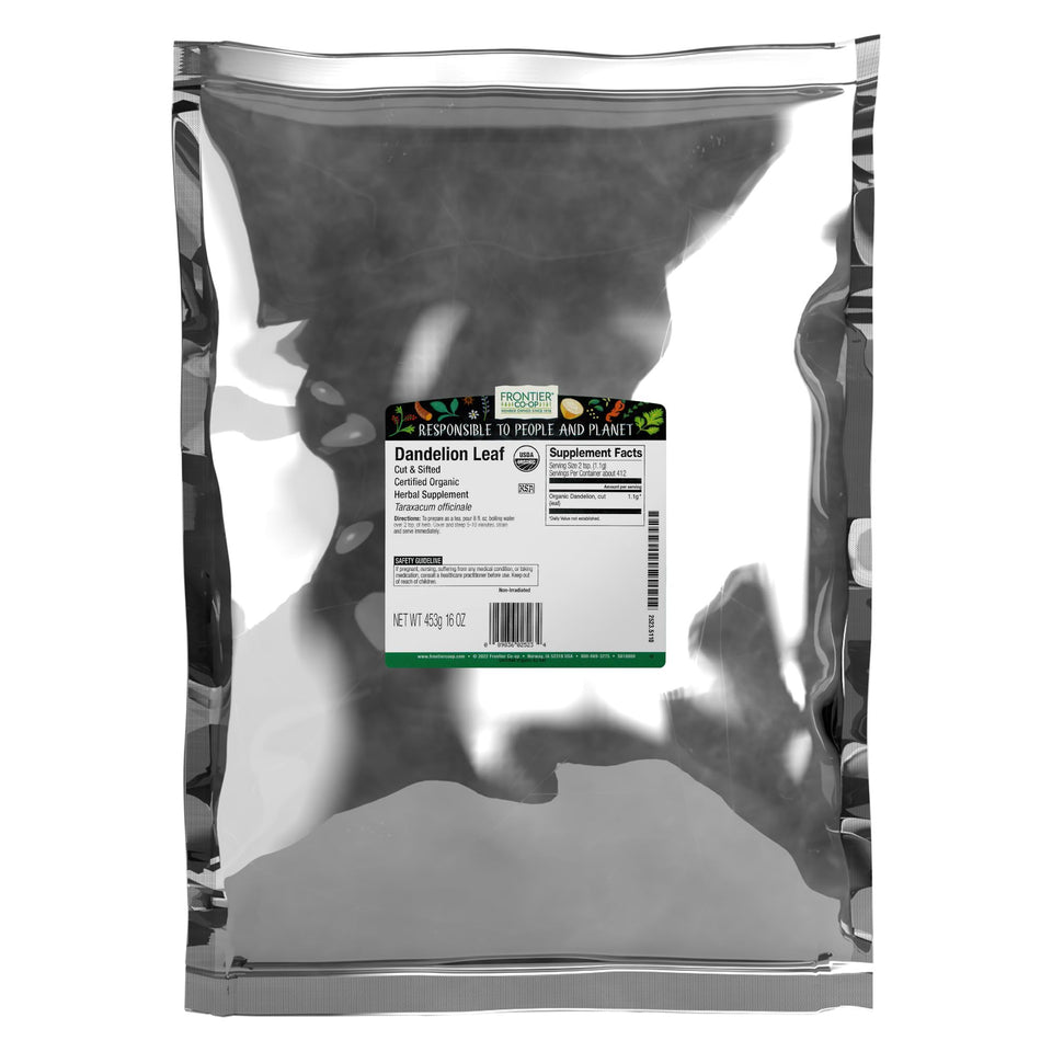 Frontier Co-op dandelion leaf bulk bag with fresh greens for tea.