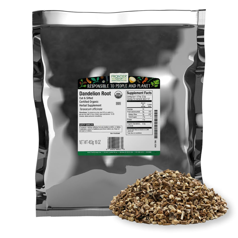 Frontier Co-op organic dandelion root bulk packaging for easy measuring and storage.