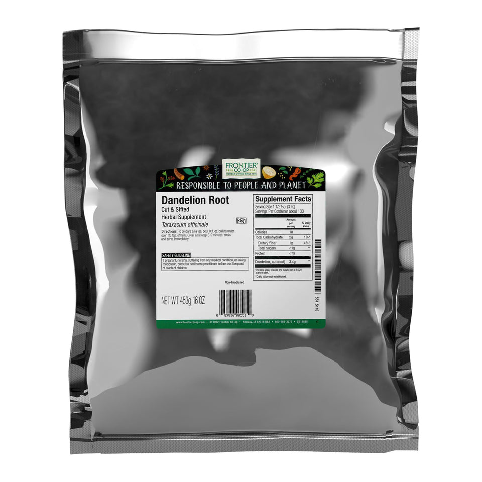 Frontier Co-op dandelion root bulk bag ready for tea and blends.