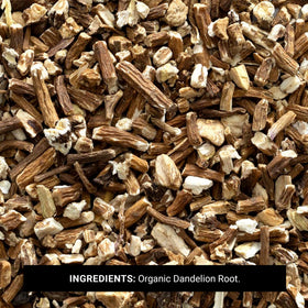 Frontier Co-op dandelion root steeping in cup for herbal infusion.