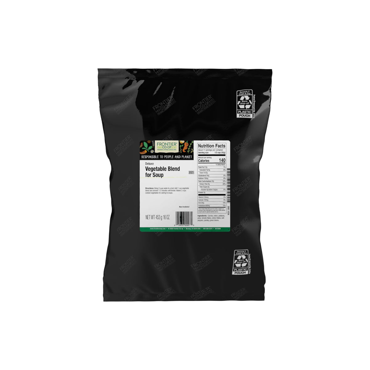 Frontier Co-op Deluxe Vegetable Soup Blend with onions, versatile base for soups.