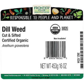 Frontier Co-op dill weed organic label signals certified organic sourcing for trusted flavor.