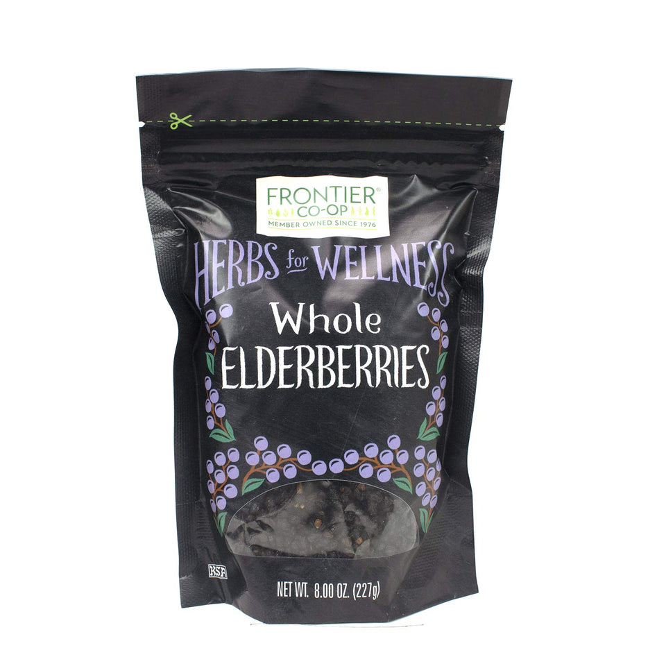 Frontier Co-op dried elderberries in an 8oz bag for tea, syrups, or jams.