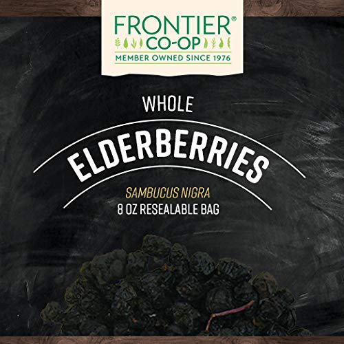 Close-up of Frontier Co-op elderberries, rich purple berries ideal for cooking and baking.