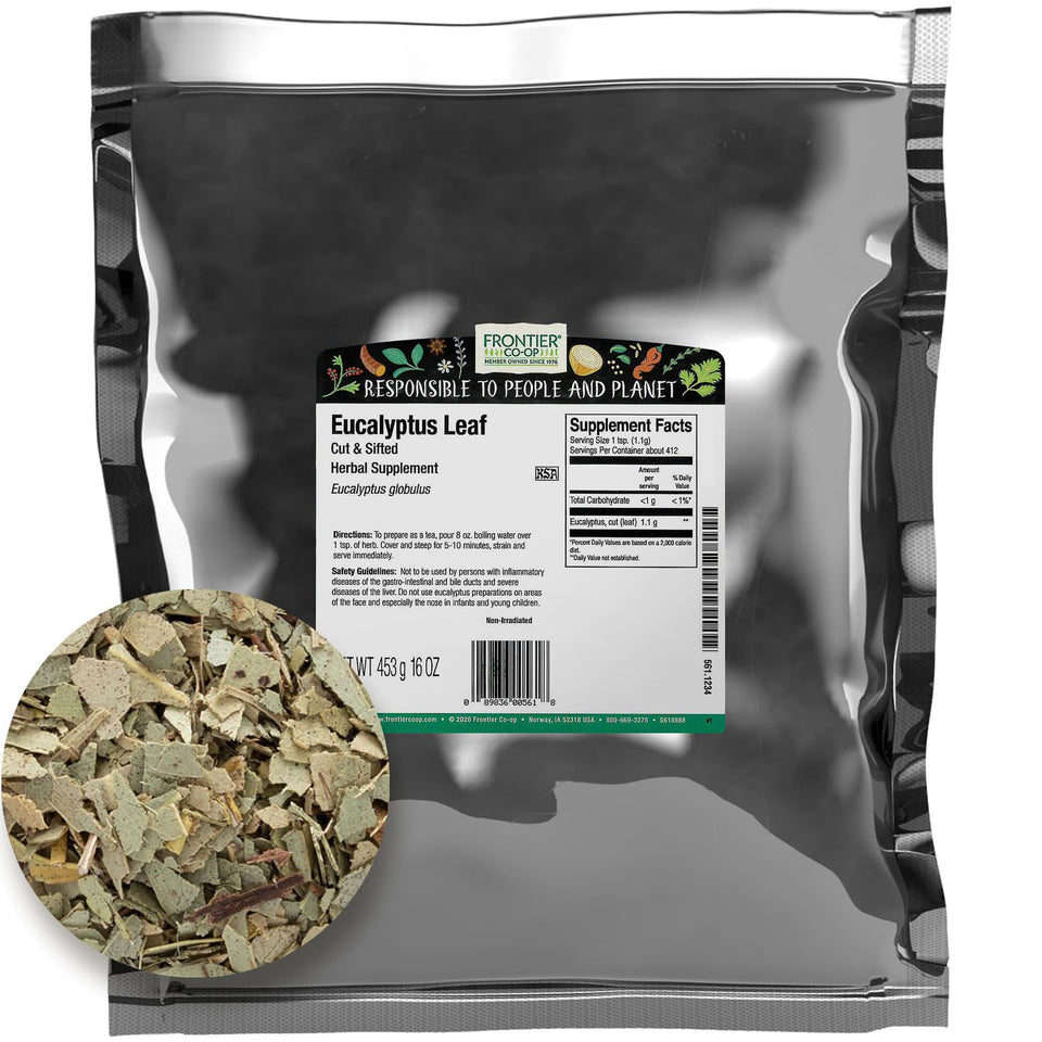 Frontier Co-op Eucalyptus Leaf cut and sifted for bright aroma in teas