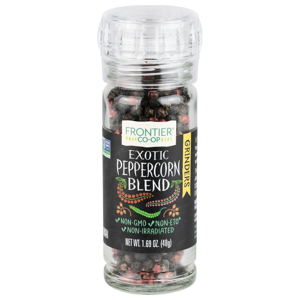Frontier Co-op Exotic Peppercorn Blend grinder with cubeb for bold flavor.