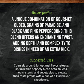 Frontier Co-op Exotic Peppercorn Blend grinder featuring grains of paradise and depth.