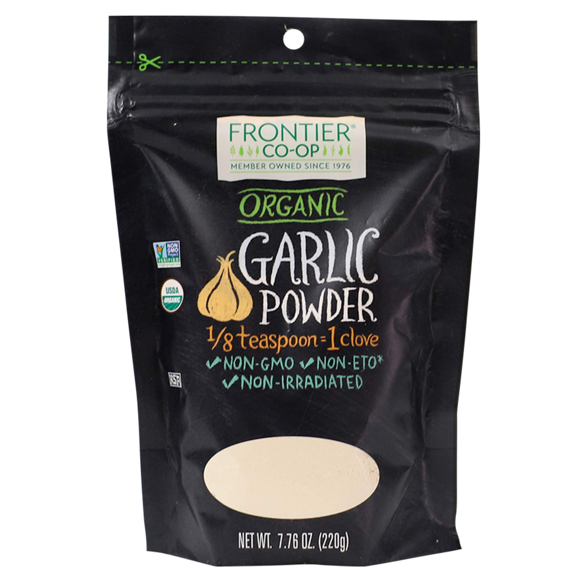 Frontier Co-op garlic powder bag front view, showcasing organic seasoning for flavorful cooking.
