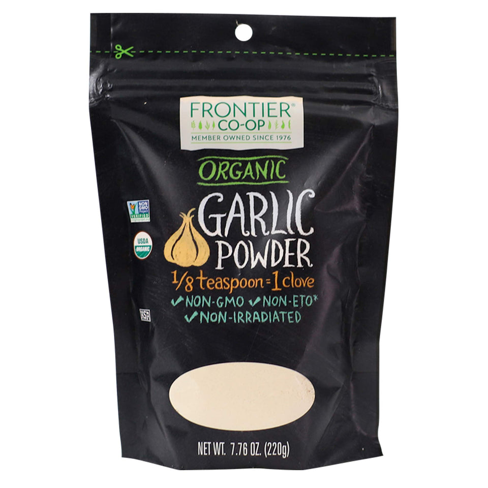 Frontier Co-op garlic powder bag front view, showcasing organic seasoning for flavorful cooking.