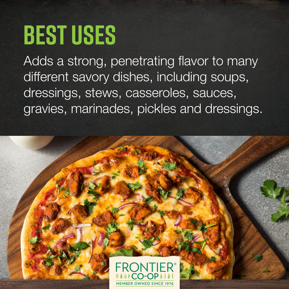 Frontier Co-op garlic powder jar dispense highlights quick, controlled scooping.