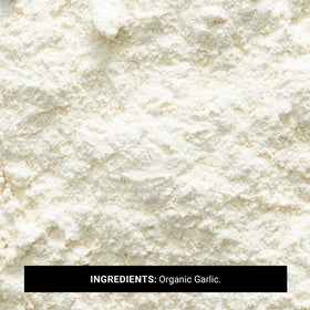 Frontier Co-op garlic powder scoop highlights fine grind ideal for quick dusting on pizzas