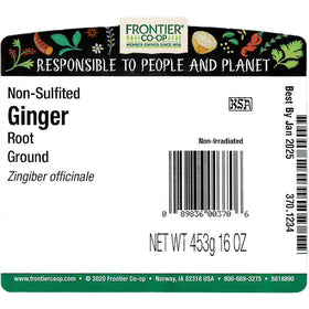 Frontier Co-op Ginger Root Ground fine powder closeup highlights smooth, easy sprinkling.