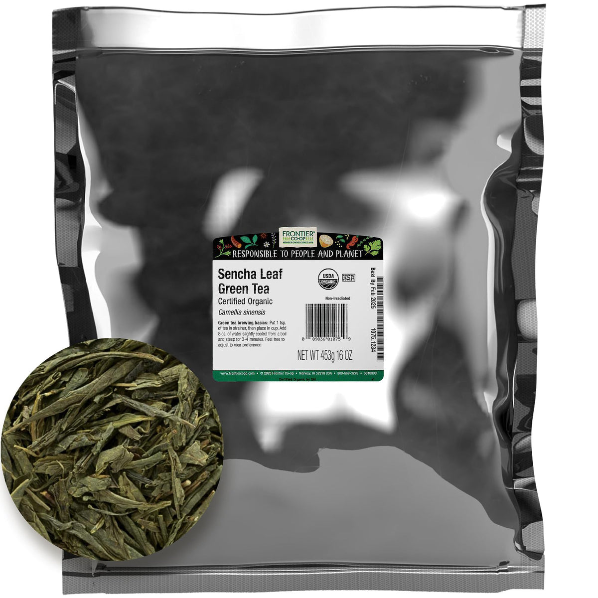 Frontier Co-op Green Sencha Leaf Tea 1 lb – dry leaves ready for quick brew.