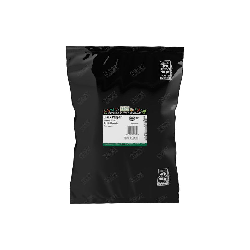 Frontier Co-op Ground Black Pepper medium grind jar enhances everyday cooking with bold aroma.