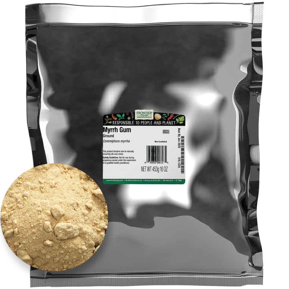 Frontier Co-op ground myrrh gum powder in resealable bag for DIY blends and incense