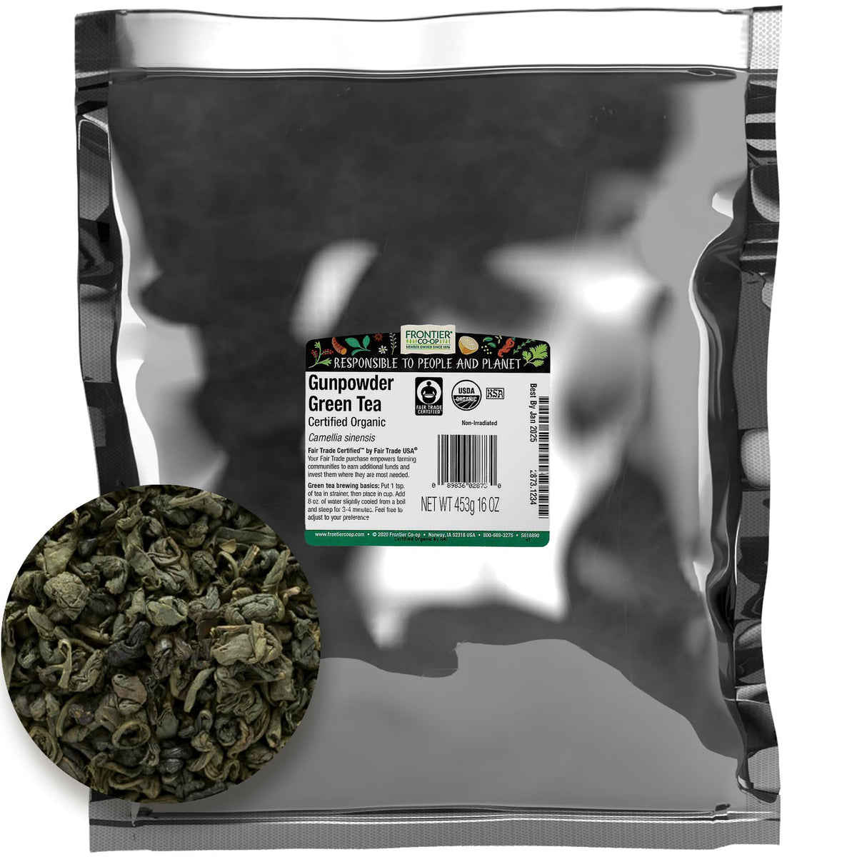 Frontier Co-op gunpowder green tea leaves bulk show tight rolls for bold brews