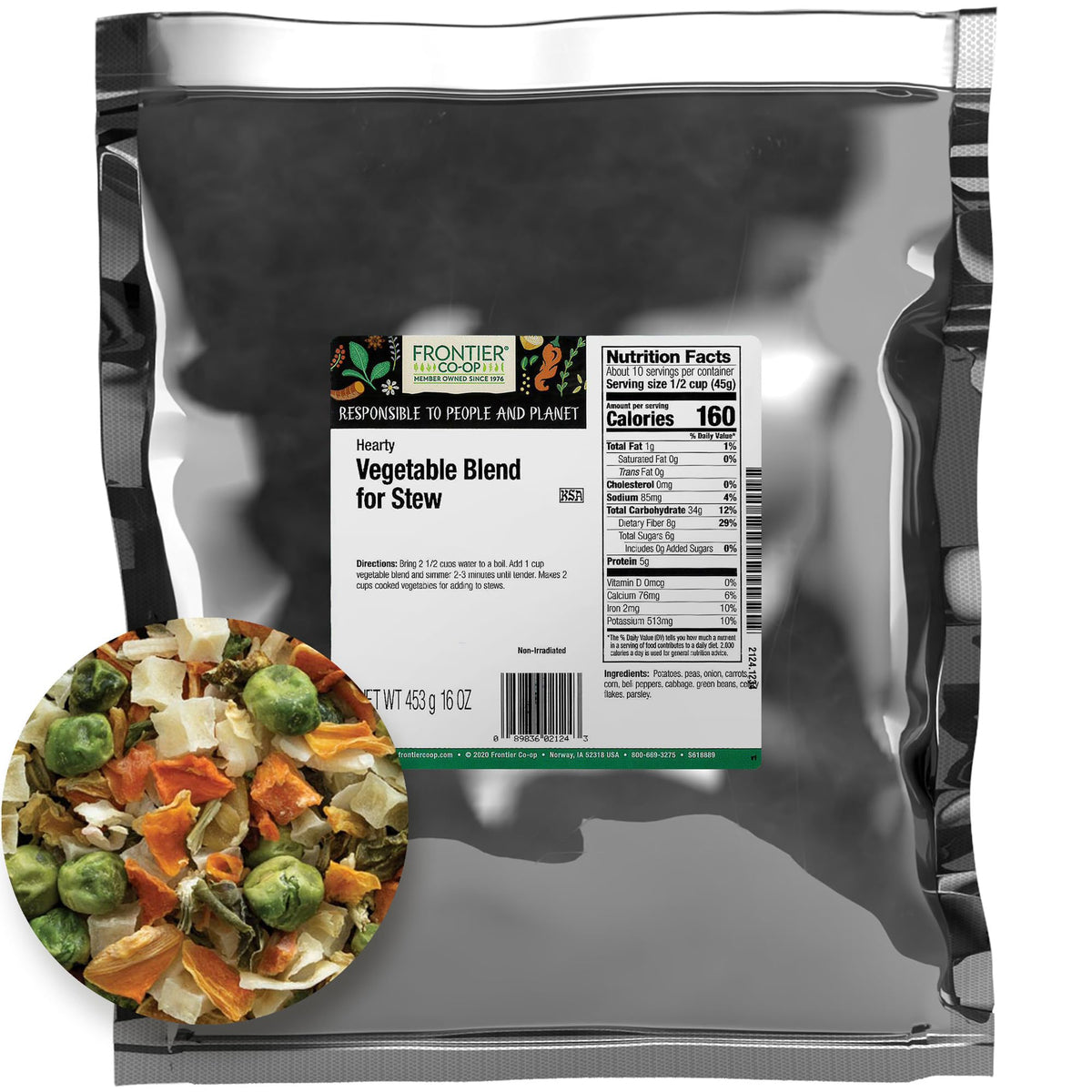 Frontier Co-op Hearty Vegetable Stew Blend bag showing dried vegetables for soups and stews.