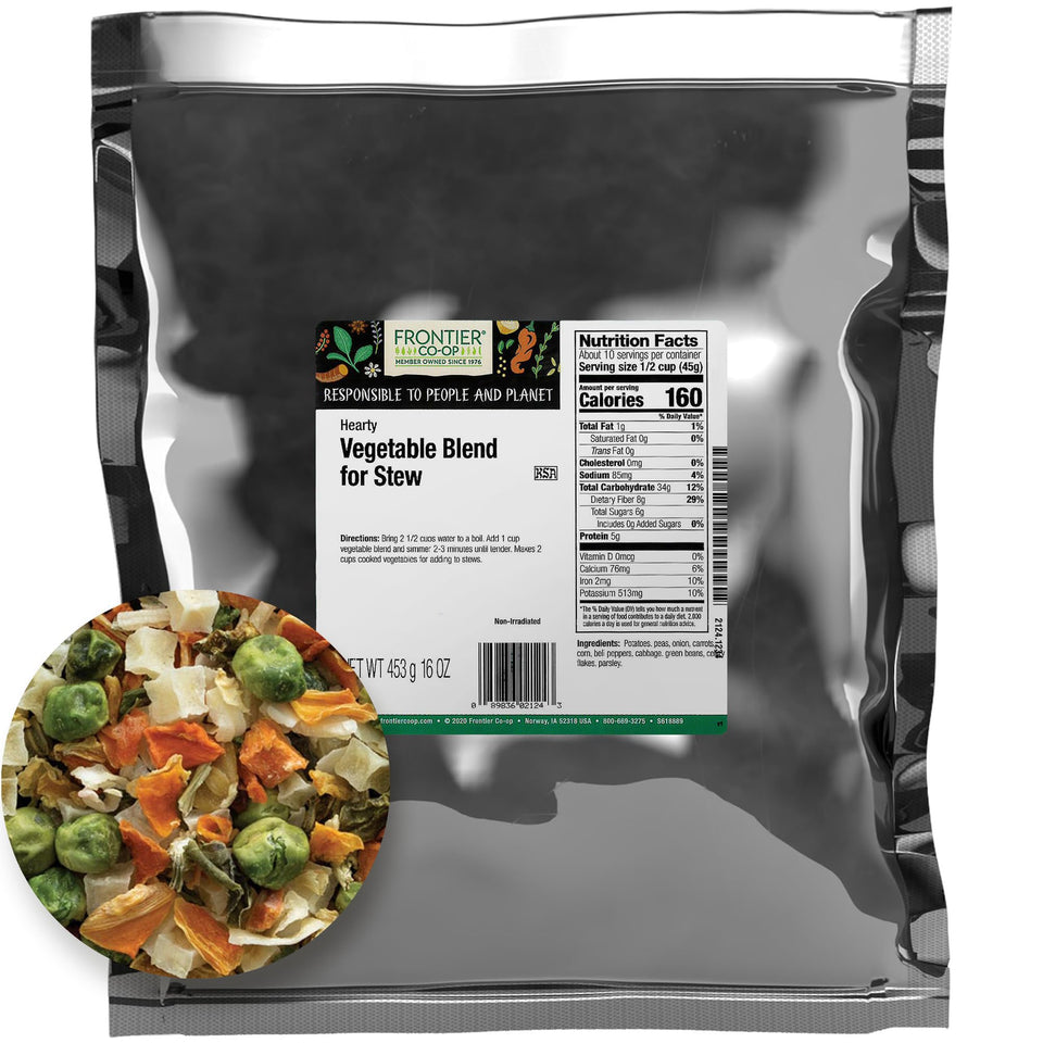 Frontier Co-op Hearty Vegetable Stew Blend bag showing dried vegetables for soups and stews.