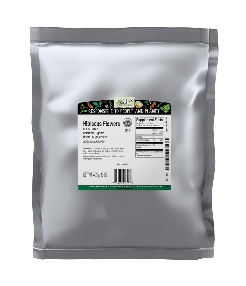 Frontier Co-op hibiscus sun-dried for bright color and cranberry-like tartness.