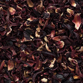 Frontier Co-op hibiscus tea infusion displaying bright red brew