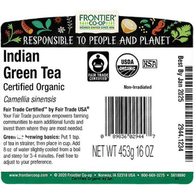 Frontier Co-op Indian Green Tea bulk bag ideal for daily tea, lattes, and smoothies.