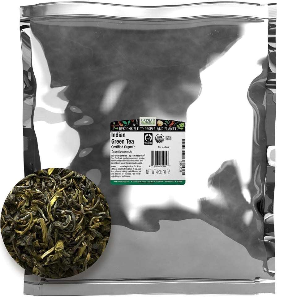 Frontier Co-op Indian Green Tea loose leaf for fresh brews with inviting aroma.