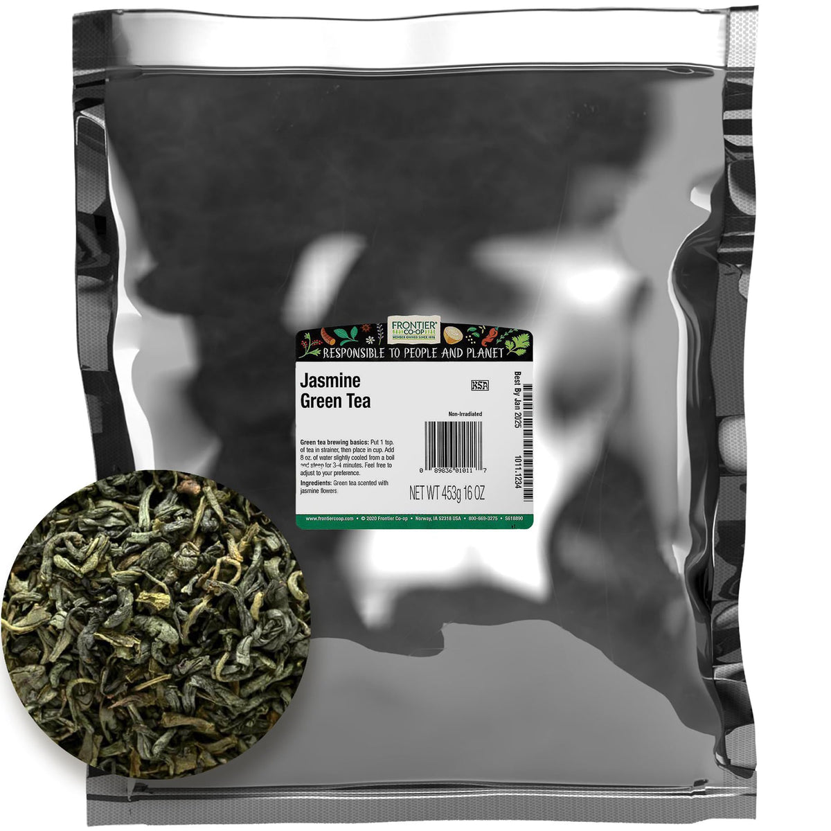 Frontier Co-op Jasmine Green Tea 1lb bulk bag with premium tea leaves for daily infusion