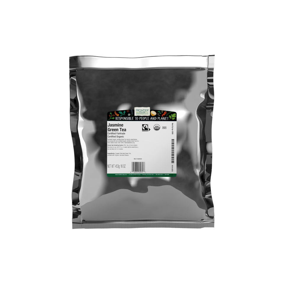 Frontier Co-op Jasmine Green Tea loose leaves ready to brew with delicate aroma.