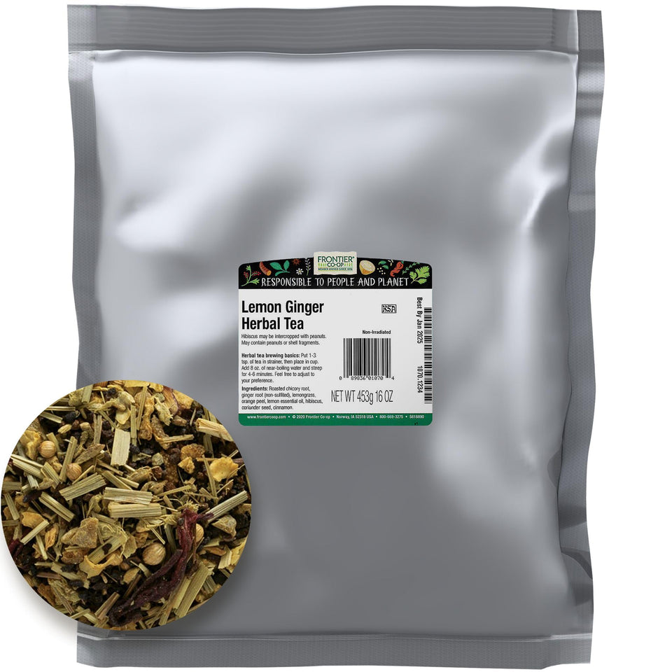 Frontier Co-op lemon-ginger herbal tea bulk pack, bright aroma for daily brewing.