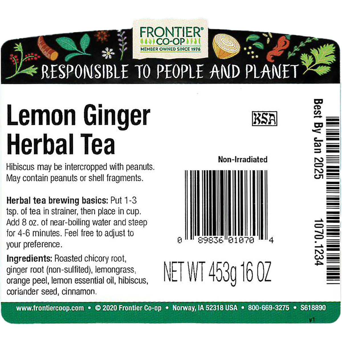 Frontier Co-op lemon-ginger herbal tea cup infusion for a refreshing break.