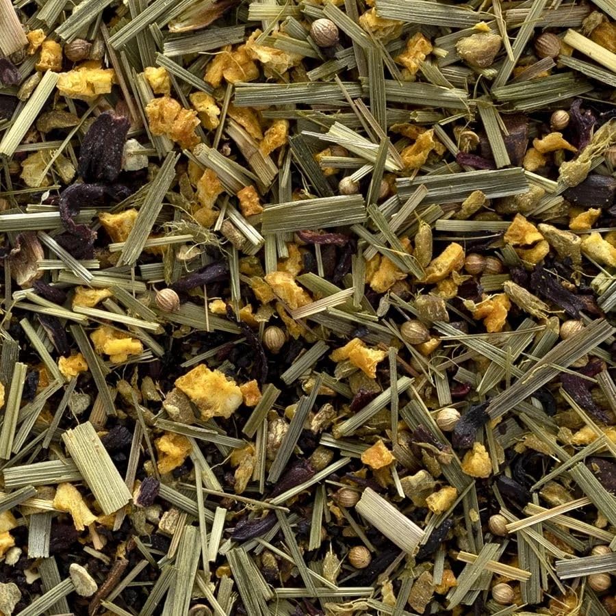Frontier Co-op lemon-ginger herbal tea dry leaves ready to steep.