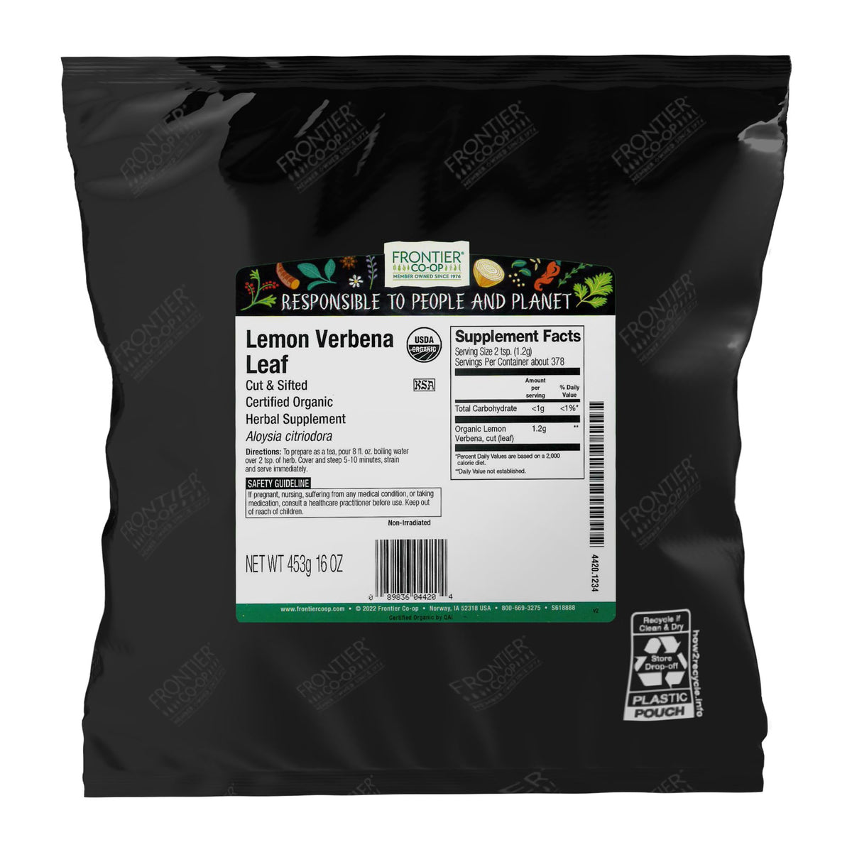 Frontier Co-op Lemon Verbena leaf cut and sifted bulk bag for cafe use.