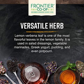 Frontier Co-op Lemon Verbena leaf tea in cup, inviting citrusy infusion.
