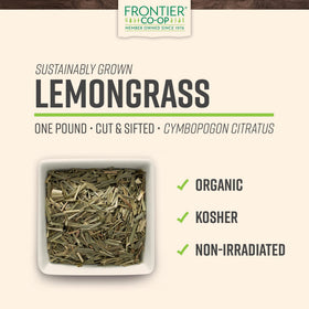 Frontier Co-op lemongrass bulk bag with loose leaves for aromatic cooking.